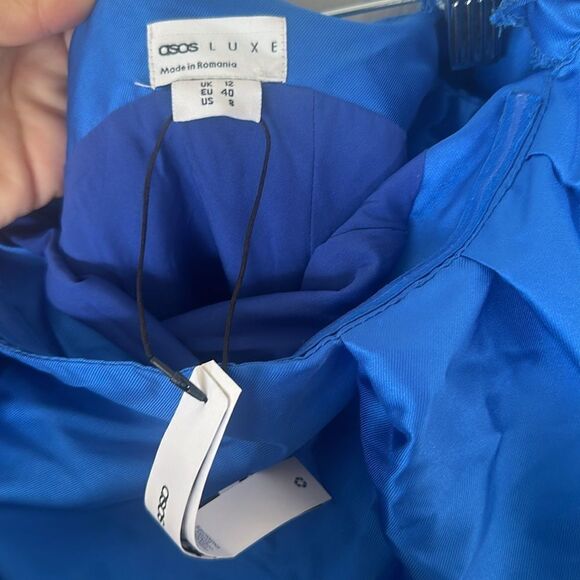 ASOS LUXE Belted Drama Sleeve Structured Satin Mini Dress Electric Blue SZ 8 NWT - Picture 10 of 11